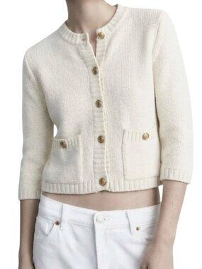 Zara Womens Cardigan Sweater Sz L Ivory Gold Buttons Knit Preppy